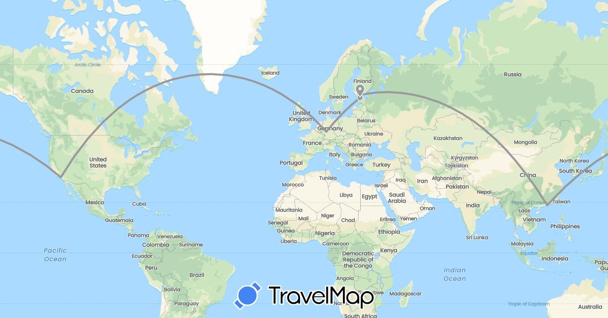 TravelMap itinerary: driving, plane in China, Germany, Estonia, Finland, United States (Asia, Europe, North America)